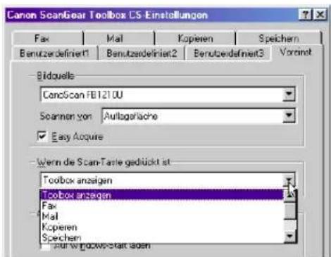 Canon ScanGear Toolbox CS-Einstellungen Fax Mail Kopieren Speichern Benutzdefiniert1 Benutzdefiniert2 Benutzdefiniert3 Vorant Bidquells ConoScan FB1210U Scanmen von:Auflagerlache ✓ Easy Acquire Wern die ScanTartie gedrückt ist Toolbox anzeigen Toolbox anzeigen Fax Mail Kopieren Speichern - auf windowsstatt oben