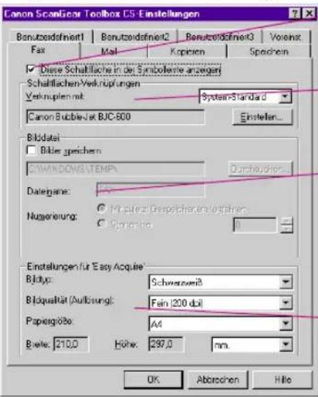 Canon ScanGear Toolbox CS-Einstellungen Fax Mal Kopieren Speichen ✓ Diese Schaffliche in der Symbolene anzuge Schaftlichen-Verkripfungen Verknuplen mit: Canon Bubble-Jet BJC-800 System-Standard Einstellen... Bildatei ✓ Bitler geichen C:\WINDOWS\TEMP\ Durchschnitt Dategane: ● Notable Gesetzten/lophren ○ Notable Numerierung: ● Notable Enstellungen für 'Easy Acquire' Bildtyp: Schwezeweiß Bildqualität (Auflösung): Fein (200 dbi) Papierglöbe: A4 Biete: 210,0 Höhe: 297,0 mm. OK Abbrechen Hille