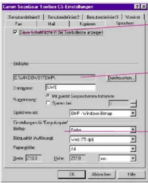 Canon ScanGear Toolbox CS-Einstellungen Benutzdefiniert1 | Benutzdefiniert2 | Benutzdefiniert3 | Voiseinat Fax | Mail | Kopieren | Spochen ✓ Diese Schaltfläche in der Symbolisiete anzeigen Biddatei C:\WINDOWS\TEMP\ Durchouchen... Datagame: SAVE Nugeneung: Mit zuletzt Gespeicherien fortahren Sjarten bei 0 Speichem als: BMP - Windows-Bitmap Einstellungen für 'Easy Acquire' Bidtyp: Faiba Bidqualität Auflösung: Web (75 dpi) Papierlöse: A4 Breite: 210.0 Hore: 257.0 mm OK Abbreven Hilfe
