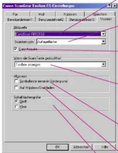 Canon ScanGear Toolbox CS-Einstellungen Fax Mail Kopson Speech Benzufzdefiniert1 Benzufzdefiniert2 Benzufzdefiniert3 Vorant Bidquote CanonScan F81200 Scanmen von Auflappelle EasyAcquire Wenn die Scan-Teste gedrückmal Toolbox anlagen Algarant Symboliste einer in Vordergrund Auf Windows-Startaden Schaffschengröße Graß Klein OK Abbrachen Hife