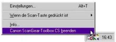 Einstellungen... Alt+T Wenn de Scan-Taste gedrückt ist Info... Canon ScanGear-Toolbox CS beenden 16:43
