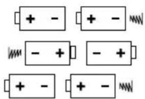 Diagram showing six battery cells with plus and minus signs indicating charge distribution, likely for electrical or mechanical testing.