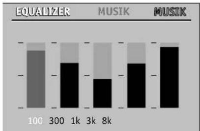 | Category | Value 1 | Value 2 | |---|---|---| | EQUALIZER | 100 | 50 | | MUSIK | 300 | 40 | | MUSIK | 1k | 40 | | MUSIK | 3k | 60 | | MUSIK | 8k | 30 | | MUSIK | 100 | 20 |