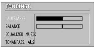 TONEINST. LAUTSTÄRKE BALANCE EQUALIZER MUSIC TONANPASS. AUS