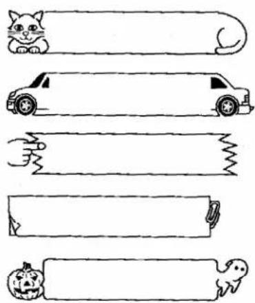 Illustration of five cartoon-style letter cards with cat, car, hand, bomb, and pumpkin designs
