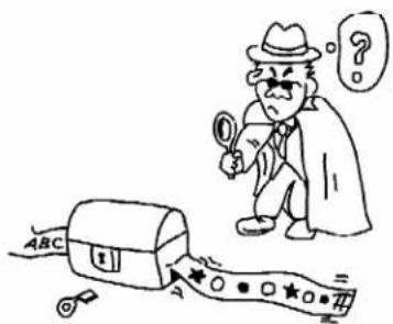 Cartoon illustration of a detective examining a map with a magnifying glass, featuring symbols like 'ABC' and question marks.