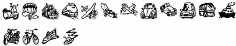 Hand-drawn illustrations of various transportation and mobility activities including cars, bicycles, rockets, and motorcycles.
