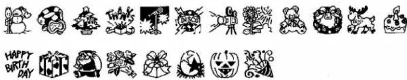 Collection of black-and-white cartoon-style icons representing various activities and moments, including animals, toys, gifts, and a birthday.