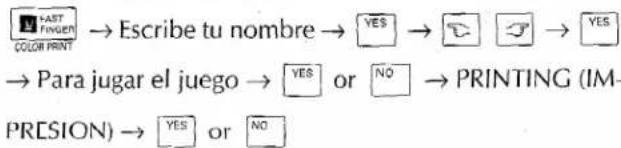 FAST TINGER COLOR PRINT → Escribe tu nombre → YES → 📞 📞 → YES → Para jugar el juego → YES or NO → PRINTING (IM- PRESION) → YES or NO