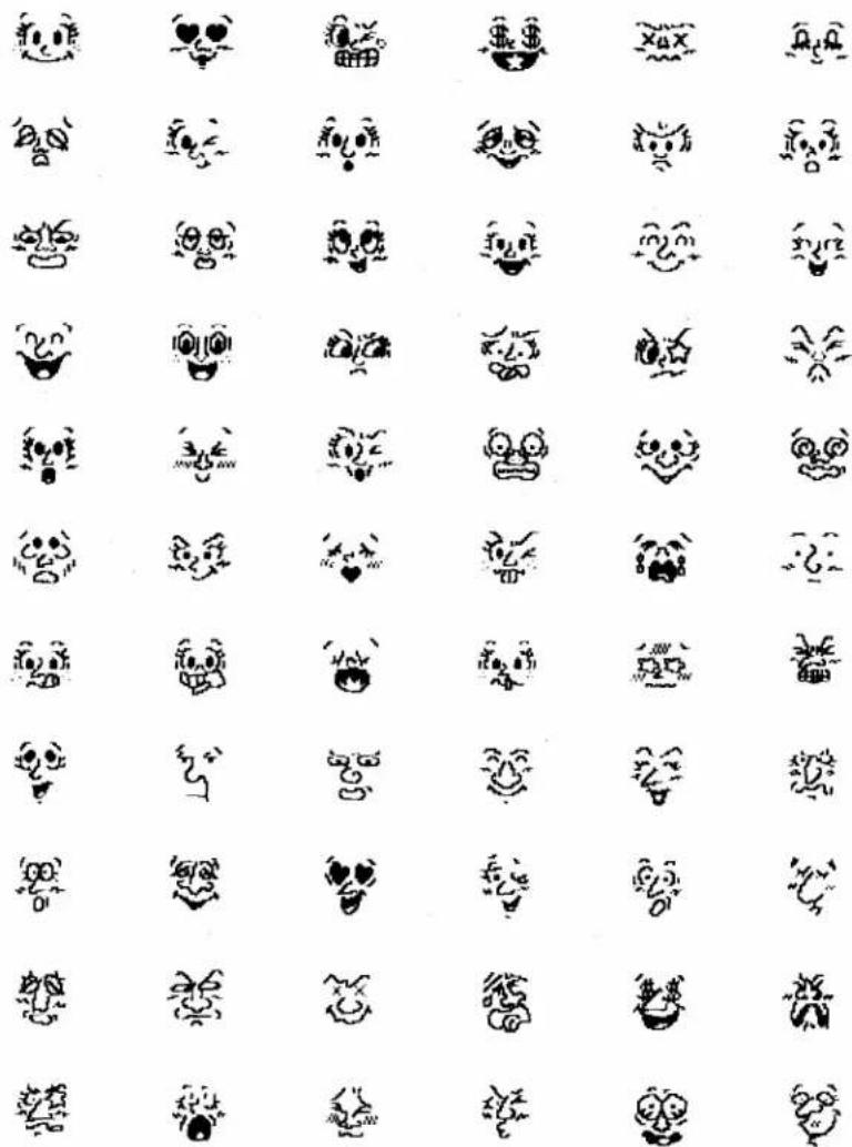 Grid of 24 identical hand-drawn cartoon faces with expressive, stylized symbols and facial expressions, possibly representing a character's face recognition or symbolic mapping.