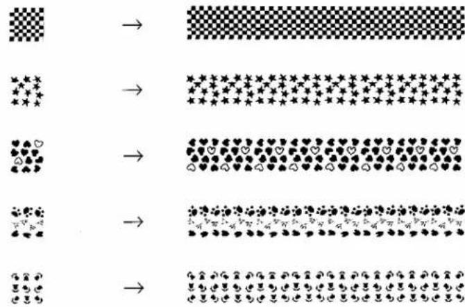 Diagram showing a sequence of patterned symbols from checkered to dotted, arranged in rows with arrows indicating progression.