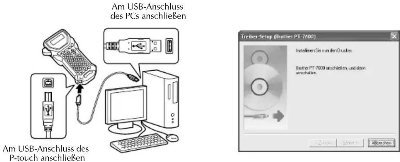 Am USB-Anschluss des PCs anschließen Am USB-Anschluss des P-touch anschließen Treliber Setup (Brother PT-7600) Installieren Sie nun den Drucket Brother PT-7600 anschließen, und dann enschallen. Abwechen