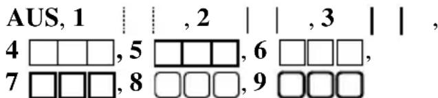 AUS, 1 | , 2 | | , 3 | | , 4 □□□, 5 □□□, 6 □□□, 7 □□□, 8 □□□, 9 □□□