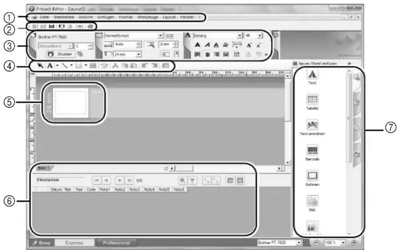 P-touch Editor - [Layout2] Date Beatleiten Ansicht Bintugen Format Werkzeuge Layout Fenster Brother PT-7600 Stempelband 1 Druckan Normalformat Auto 2 mm 24 mm Setang A A A' A" Prokersonal 24 mm Text Tabella Text anordnen Barcode Rahman Bild Step 3 Erlatherlats Datum Title Text Code Note1 Note2 Note3 Note4 Note5 Note6 Snap Express Professional Brother PT-7600 100%