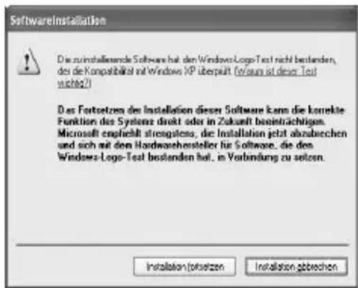 SoftwareInstallation Die zuinstallierende Software hat den Windows-Logo-Test nicht bestanden, des die Konspathbarkeit auf Windows KP überpült (Windows ist dieser Test wichts?) Das Fortsetzen des Installation dieser Software kann die korekte Funktion des Systeme direkt oder in Zukunft beeinträchtigen. Microsoft engleihlt strengstens, die Installation jetzt abzubrechen und sich mit den Hardwareversteller für Software, die den Windows-Logo-Test bestanden hat, in Verbindung zu setzen. Installation (orsetzen) Installation (gbrechen)