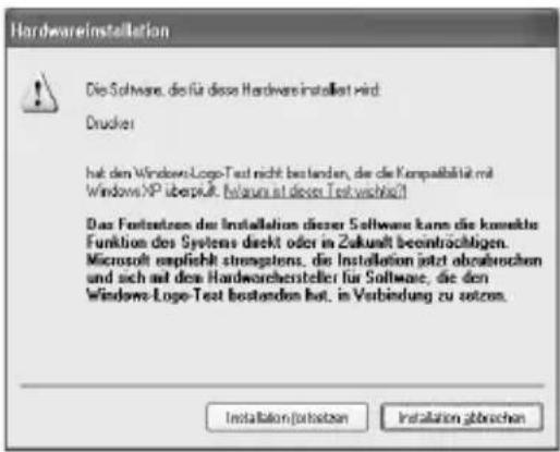 Hardwareinstallation Die Software, die für diese Hardware installed wird Drucker hat den Windows-Logo-Test nicht bestanden, die die Kompalblattet mit Windows-NP überpakt. (Belgium ist dieser Test wichtig?) Das Fordersetzen der Installation dieser Software kann die konekte Funktion des Systems direkt oder in Zukunft beeinträchtigen. Microsoft empfieht strengstens, die Installation jetzt abzubrochen und sich auf den Hardwarehersteller für Software, die den Windows-Logo-Test bestanden hat, in Verbindung zu setzen. Installation(fotsetzen) Installation gmbrochen