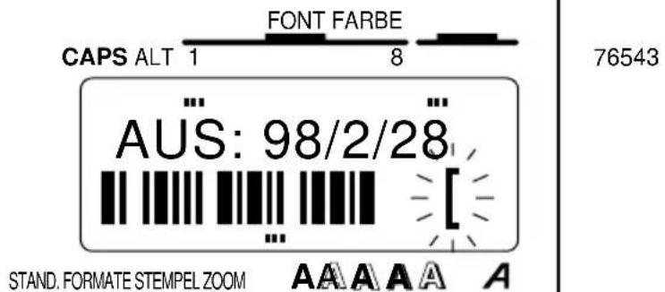 CAPS ALT 1 FONT FARBE 8 76543 AUS: 98/2/28 STAND. FORMATE STEMPEL ZOOM A A A A A