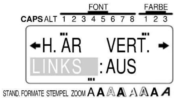 CAPS ALT 1 2 3 4 5 6 7 8 FONT FARBE ←H. ÄR VERT. LINKS :AUS STAND. FORMATE STEMPEL ZOOM A A A A A A A