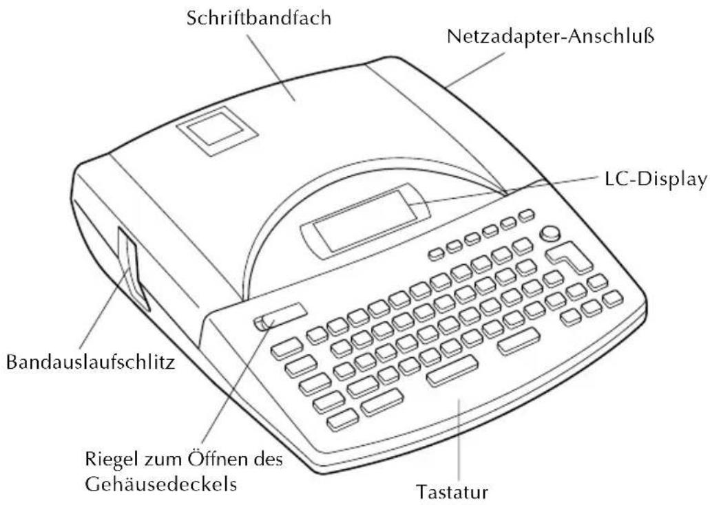 Schriftbandfach Netzadapter-Anschluß LC-Display Bandauslaufschlitz Riegel zum Öffnen des Gehäusedeckels Tastatur