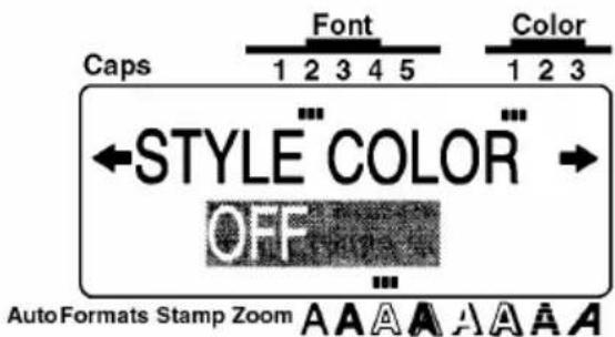 Caps Font Color 1 2 3 4 5 ←STYLE COLOR → OFF AutoFormats Stamp Zoom A A A A A A A A