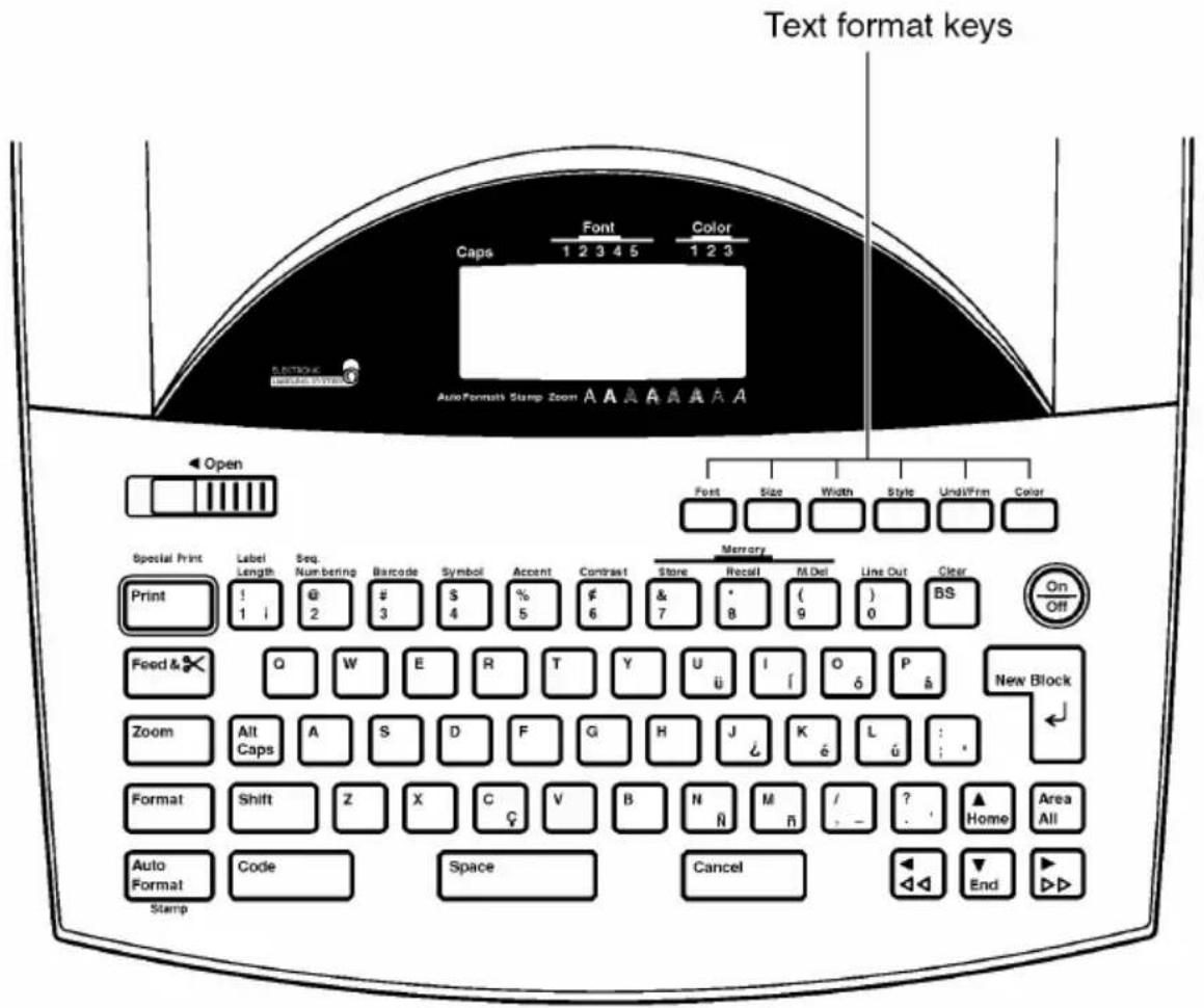 Text format keys Caps Font Color 1 2 3 4 5 1 2 3 AutoFormat Stump Zoom A A A A A A A A A Open Special Print Label Seq. Barcode Symbol Accent Contrast Store Recall M Del Line Out Clear On Print ! @ # $ % & * ( ) BS Off Food & Q W E R T Y U I O P New Block Zoom Alt S D F G H J K L : Caps Caps C D F G H J K L : Format Shift Z X C V B N M / ? Home Area All Auto Format Code Space Cancel End ▶▶ Stamp