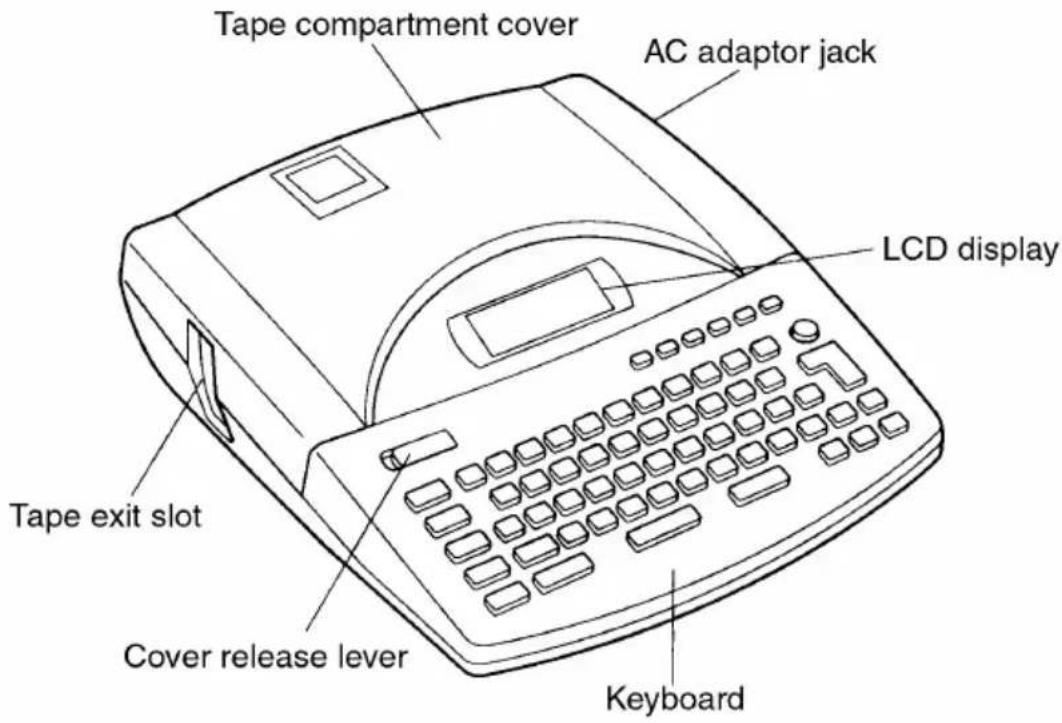 Tape compartment cover AC adaptor jack LCD display Tape exit slot Cover release lever Keyboard