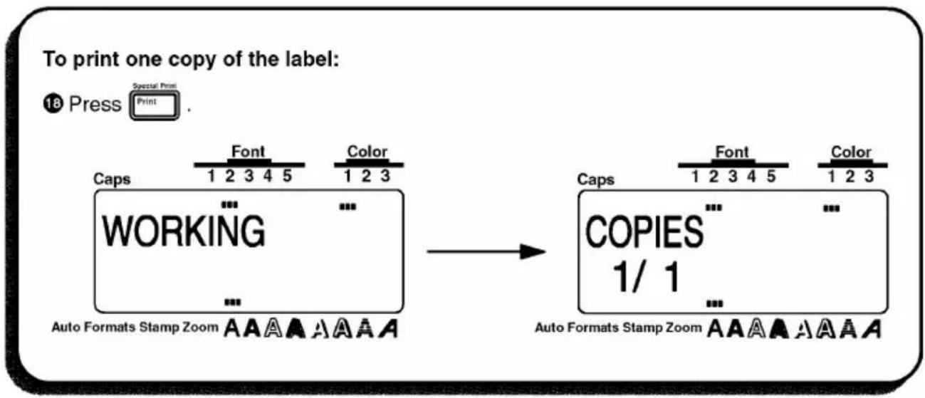 To print one copy of the label: 18 Press Special Print Caps Font Color 1 2 3 4 5 1 2 3 WORKING ... Auto Formats Stamp Zoom AAAA A AAAA → Caps Font Color 1 2 3 4 5 1 2 3 COPIES 1/ 1 ... Auto Formats Stamp Zoom AAAA A AAAA