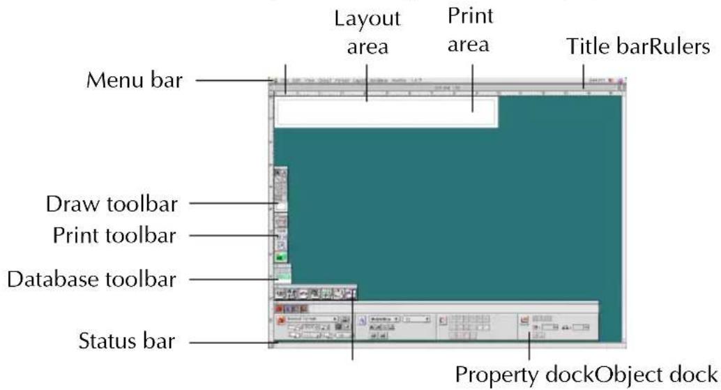 Menu bar Draw toolbar Print toolbar Database toolbar Status bar Layout area Print area Title barRulers Property dockObject dock
