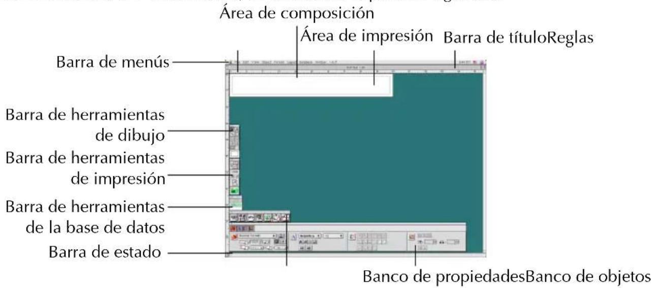Área de composición Área de impresión Barra de títuloReglas Barra de menús Barra de herramientas de dibujo Barra de herramientas de impresión Barra de herramientas de la base de datos Barra de estado Banco de propiedadesBanco de objetos
