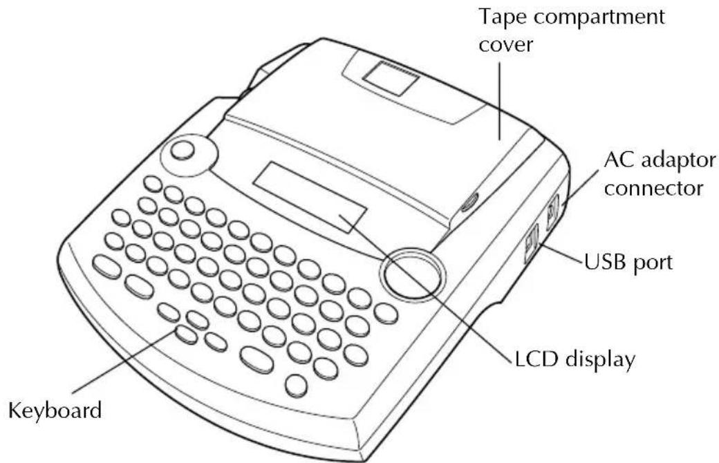 Tape compartment cover AC adaptor connector USB port LCD display Keyboard