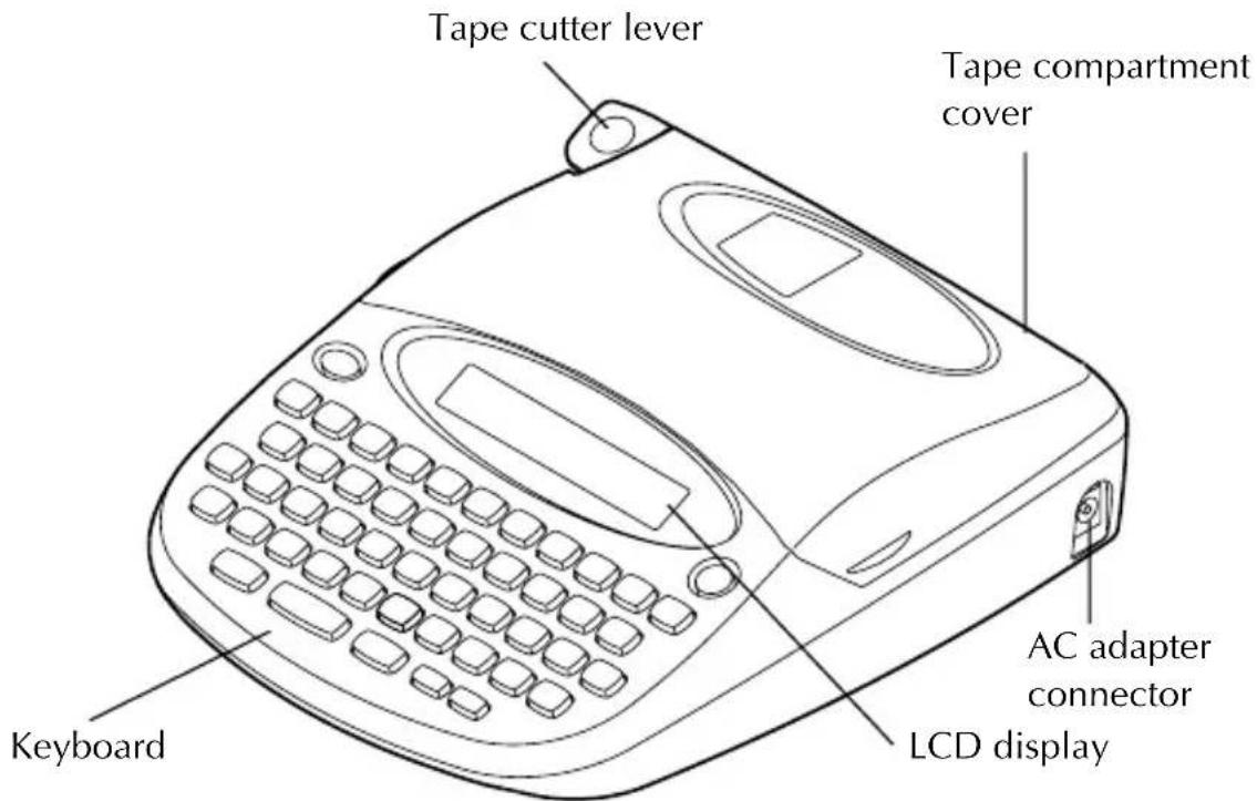Tape cutter lever Tape compartment cover AC adapter connector LCD display Keyboard