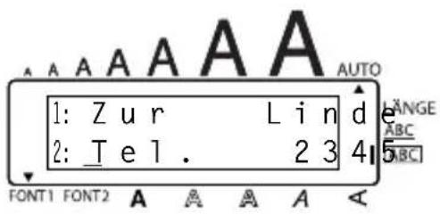 A A A A A A 1: Zur L i n d e 2: T e l . 2 3 4 FONT1 FONT2 A A A A A AUTO LÄNGE ABC 5 ABC