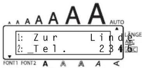 1: Zur. Lind 2: _Tel. 234 FONT1 FONT2 A A A A A AUTO LÄNGE ABC 50C