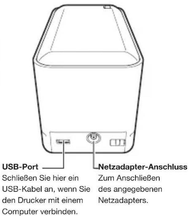 USB-Port Schließen Sie hier ein USB-Kabel an, wenn Sie den Drucker mit einem Computer verbinden. Netzadapter-Anschluss Zum Anschließen des angegebenen Netzadapters.