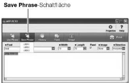 Save Phrase-Schaltfl ä che MSP-PC10 Properties Help Use Printer Save Printer History Font Image Print ■ Font USB1 USB2 USB3 Width Length Fand Image Direction Size Horizontal Unifinal