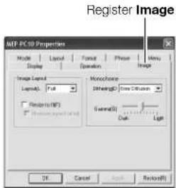 Register Image MFP PC10 Properties Model Display Layout Operation Phase Menu Image Image Layout Layout: Full Monochrome Dithering(D) Core Diffusion Resist to (R) Monochrome Dithering(D) Core Diffusion Dial Light OK Cancel Apply Remove(R)