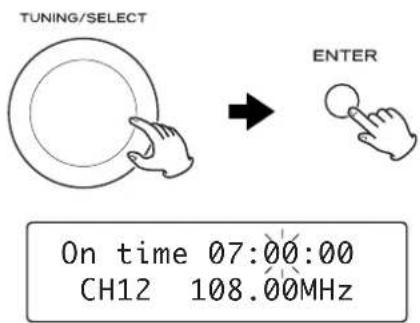 TUNING/SELECT ENTER On time 07:00:00 CH12 108.00MHz