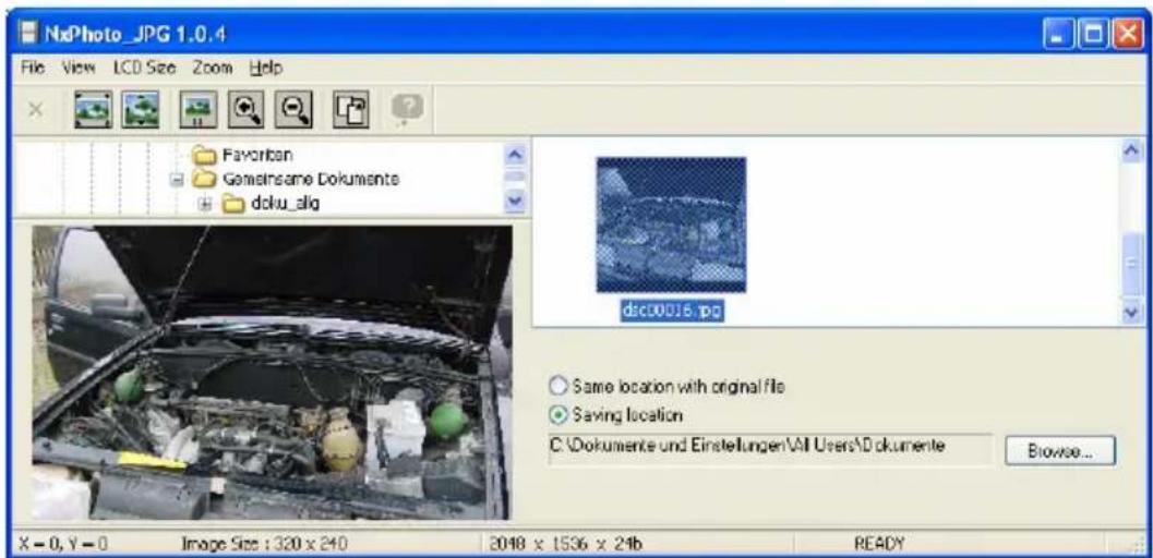 NixPhoto.JPG 1.0.4 File View LCD Size Zoom Help Favorban Gemahame Dokumente doku.alig docuolie.jpg Same location with original file Saving location C:\Dokumente und Einstellungen\All Users\Dokumente Browse... X = 0, Y = 0 Image Size : 320 x 240 2018 x 1536 x 21b READY