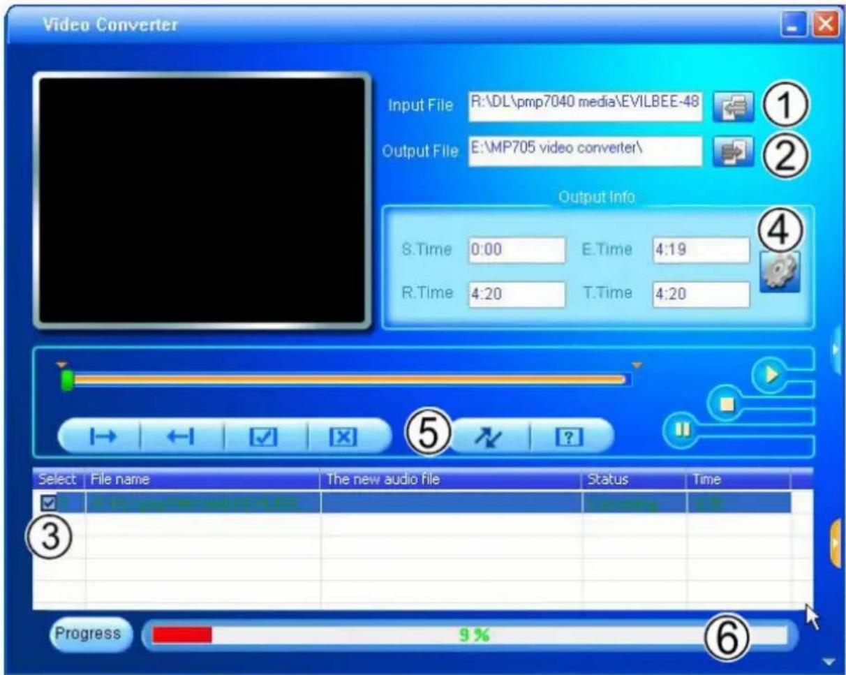Video Converter Input File R:\DL\pmp7040 media\EVILBEE-48 Output File E:\MP705 video converter\ Output Info S.Time 0:00 E.Time 4:19 R.Time 4:20 T.Time 4:20 Select File name The new audio file Status Time Progress 9%
