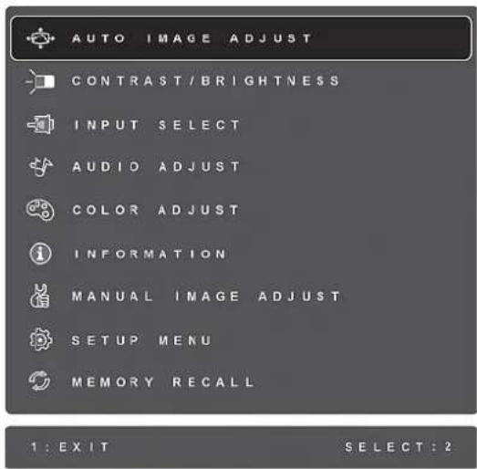AUTO IMAGE ADJUST CONTRAST/BRIGHTNESS INPUT SELECT AUDIO ADJUST COLOR ADJUST INFORMATION MANUAL IMAGE ADJUST SETUP MENU MEMORY RECALL 1 : EXIT SELECT : 2