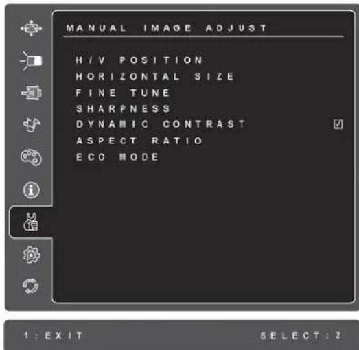 MANUAL IMAGE ADJUST H / V POSITION HORIZONTAL SIZE FINE TUNE SHARPNESS DYNAMIC CONTRAST ASPECT RATIO ECO MODE 1 : EXIT SELECT : 2