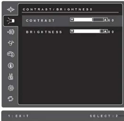 CONTRAST / BRIGHTNESS CONTRAST 6 0 BRIGHTNESS 8 0 1 : EXIT SELECT : 2—