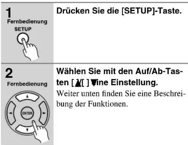 1 Fernbedienung SETUP Drücken Sie die [SETUP]-Taste. 2 Fernbedienung Wählen Sie mit den Auf/Ab-Tas- ten [​][ ]Vine Einstellung. Weiter unten finden Sie eine Beschrei- bung der Funktionen.