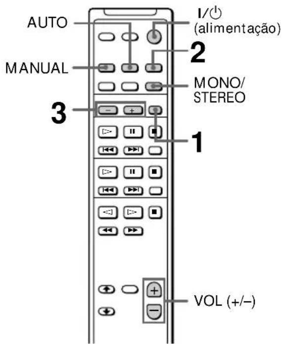 AUTO MANUAL 1/⏻ (alimentação) 2 MONO/ STEREO 3 1 VOL (+/-)