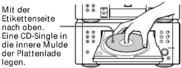 Mit der Etikettenseite nach oben. Eine CD-Single in die innere Mulde der Plattenlade legen.