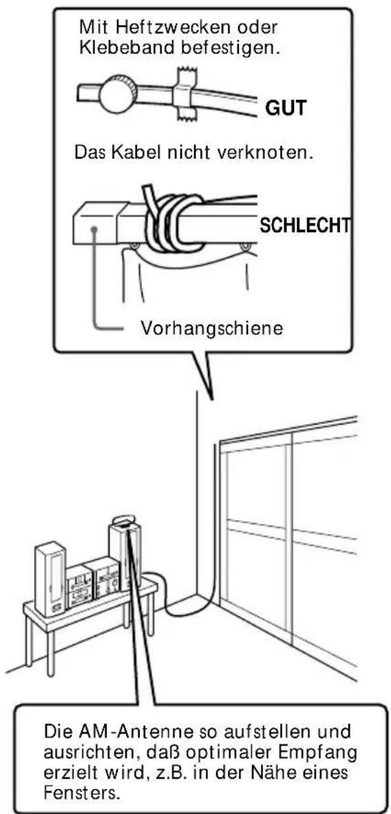 Mit Heftzwecken oder Klebeband befestigen. GUT Das Kabel nicht verknoten. SCHLECHT Vorhangschiene Die AM-Antenne so aufstellen und ausrichten, daß optimaler Empfang erzielt wird, z.B. in der Nähe eines Fensters.