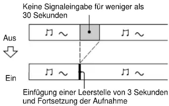 Keine Signaleingabe für weniger als 30 Sekunden Aus Ein Einfügung einer Leerstelle von 3 Sekunden und Fortsetzung der Aufnahme