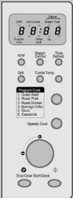 M/W Grill Contx Defrost Weight Time 8 8:8 8 Program cook Temp book kg M/W Weight Defrost Time Defrost Grill Combl Temp Program Cook 1. Roast Beef 2. Roast Pork 3. Roast Chicken 4. Beverage Coffee 5. Soup 6. Casserola Speedy Cock Stop/Clear Start/Clock