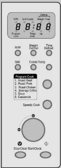 M/W Program cook Grill Weight Defrost Temp cook Weight Time kg M/W Time Defrost Grill Combi Temp Speedy Cock Stop/Clear Start/Clock Program Cook 1. Roast Beef 2. Roast Pork 3. Roast Chicken 4. Beverage Coffee 5. Soup 6. Casserole