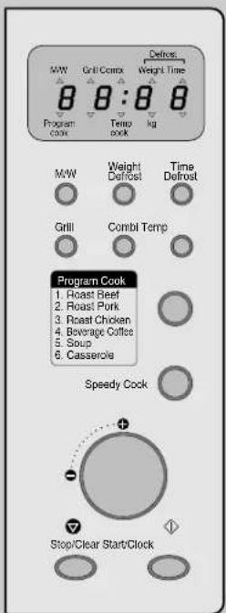 MWW Program cook Grill Grill Temp cook Weight Time kg MWW Weight Defrost Time Defrost Grill Combi Temp Program Cook 1. Roast Beef 2. Roast Pork 3. Roast Chicken 4. Beverage Coffee 5. Soup 6. Casserole Speedy Cock Stop/Clear Start/Clock